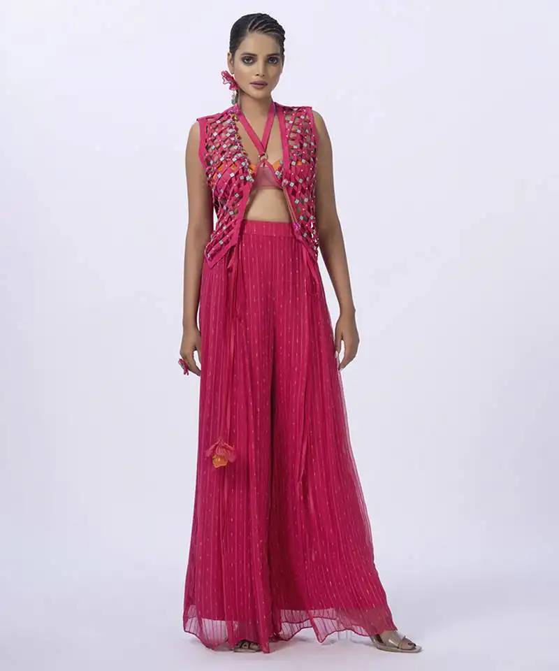 Pink georgette embroidered blouse with jacket & plain pants