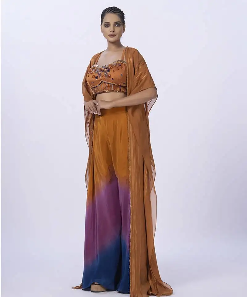 Orange organza plain pants with shrug & embroidered blouse