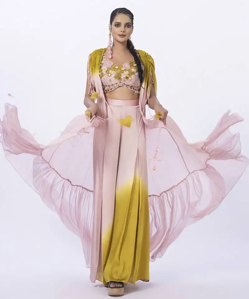 Peach organza plain pants with shrug & embroidered blouse