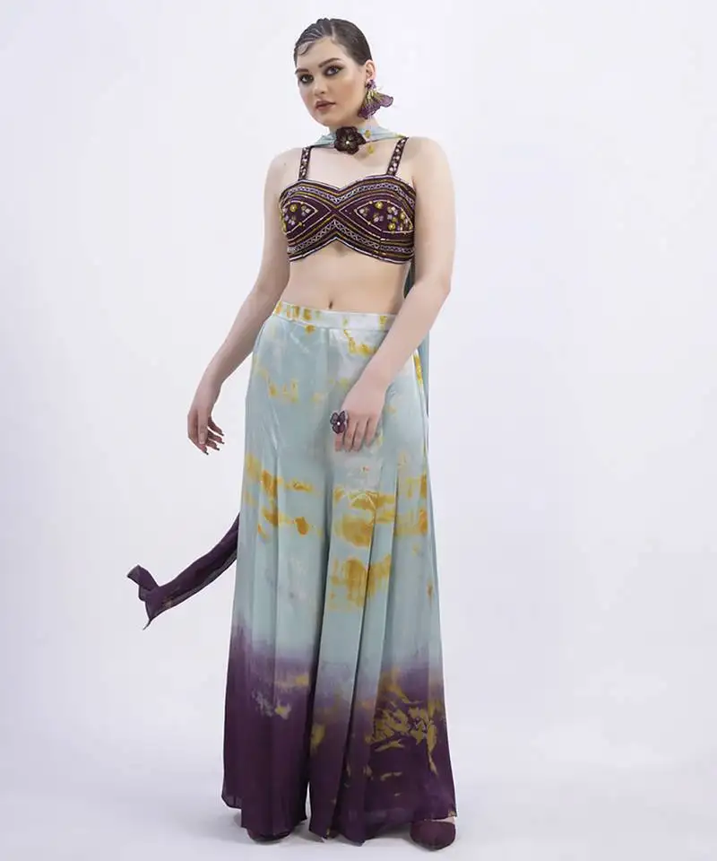 Wine satin printed pant with dupatta & embroidered blouse