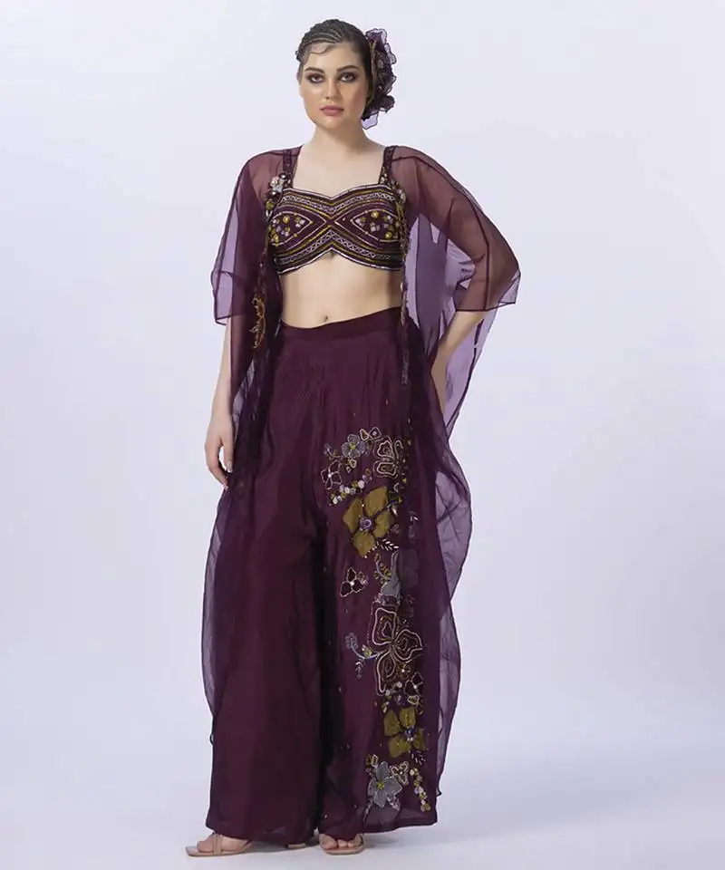 Wine organza embroidered blouse with pant & shrug