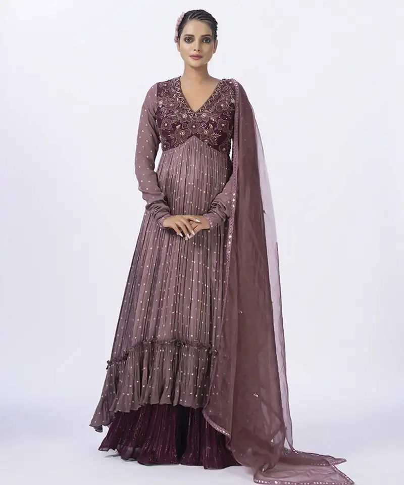 Wine organza embroidered gharara sets
