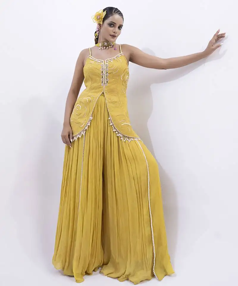 Yellow organza embroidered sharara with top & dupatta