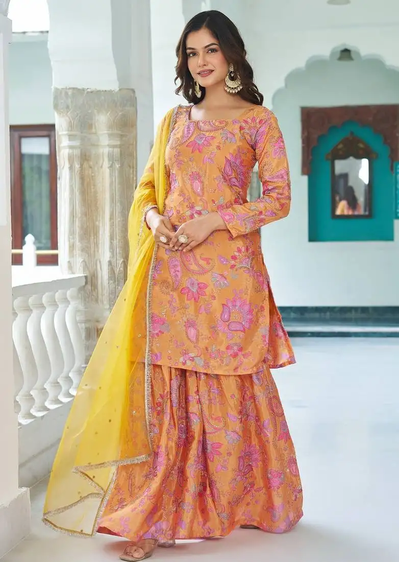 Multicolour chinon silk with heavy embroidery sharara suit stitched