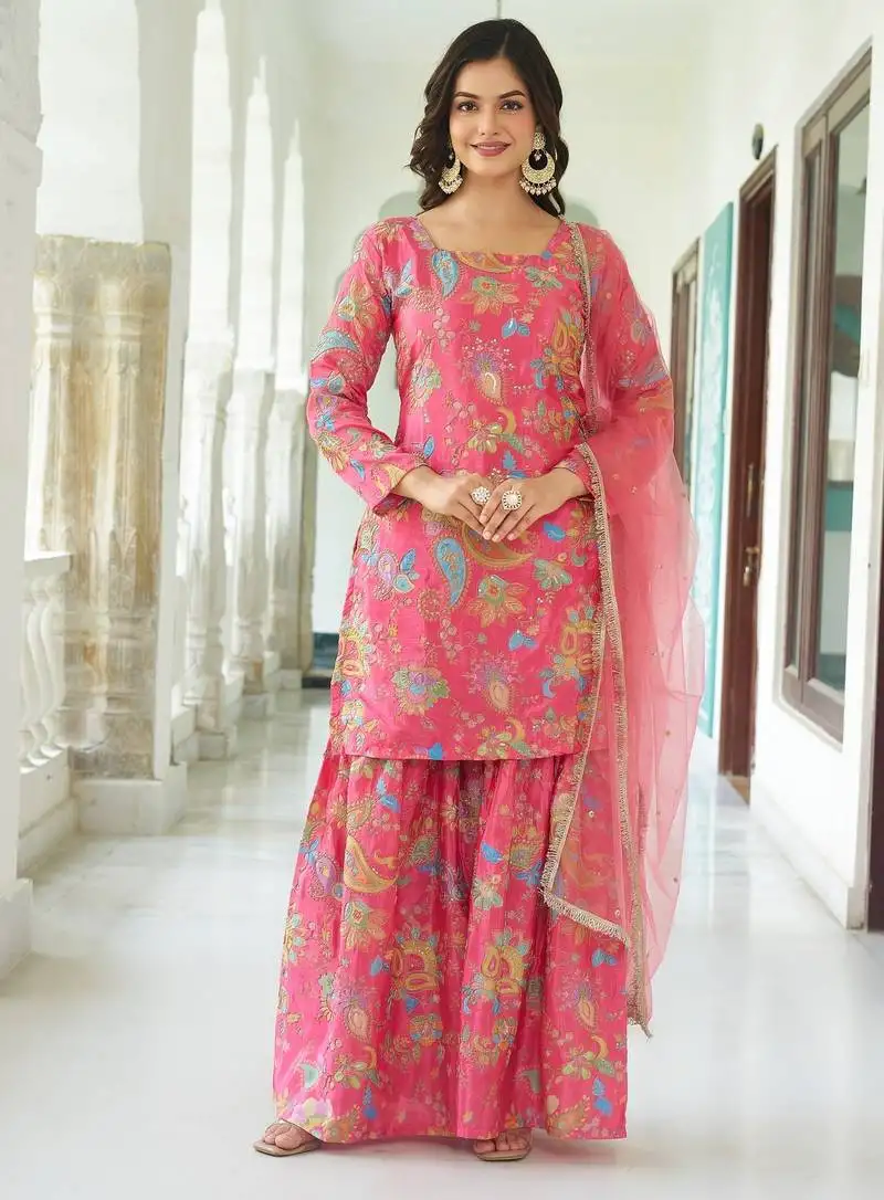 Multicolour chinon silk with embroidery sharara suit stitched