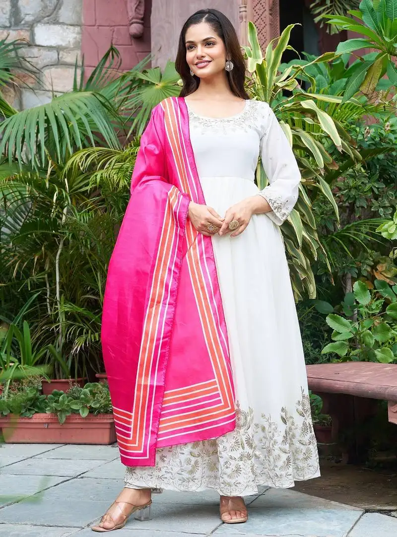 Off white faux georgette embroidery work gown stitched