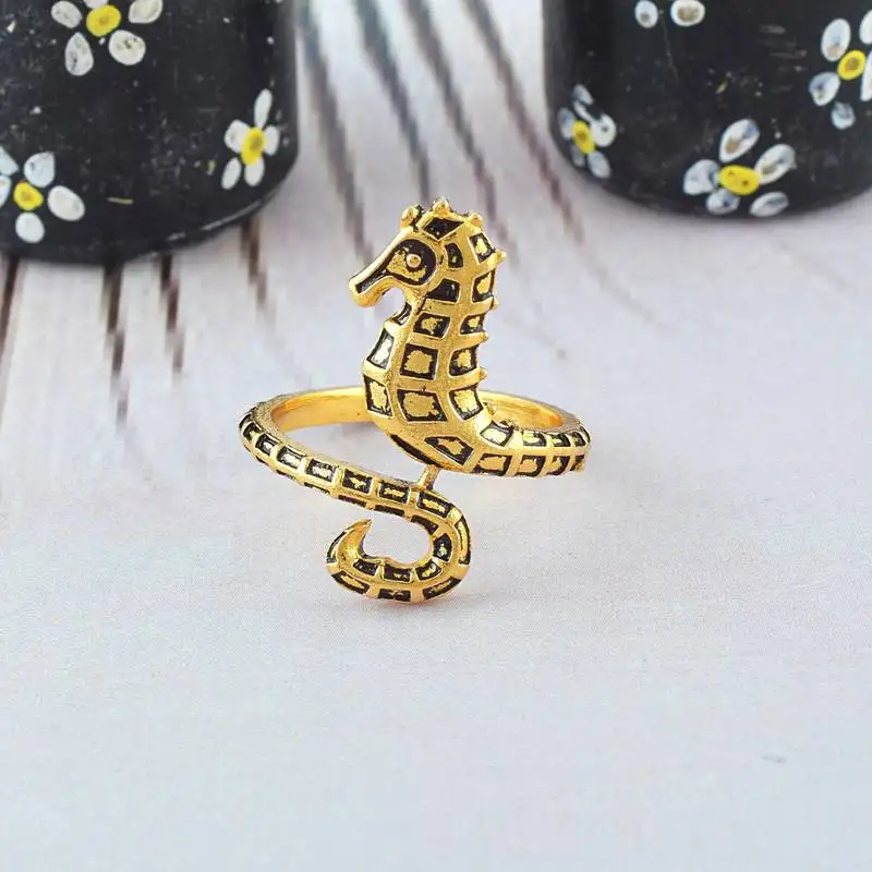 Brass antique gold sea horse finger ring