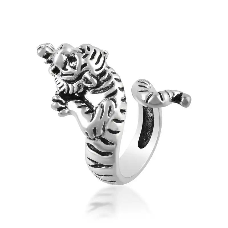 Brass antique silver attacking tiger finger ring