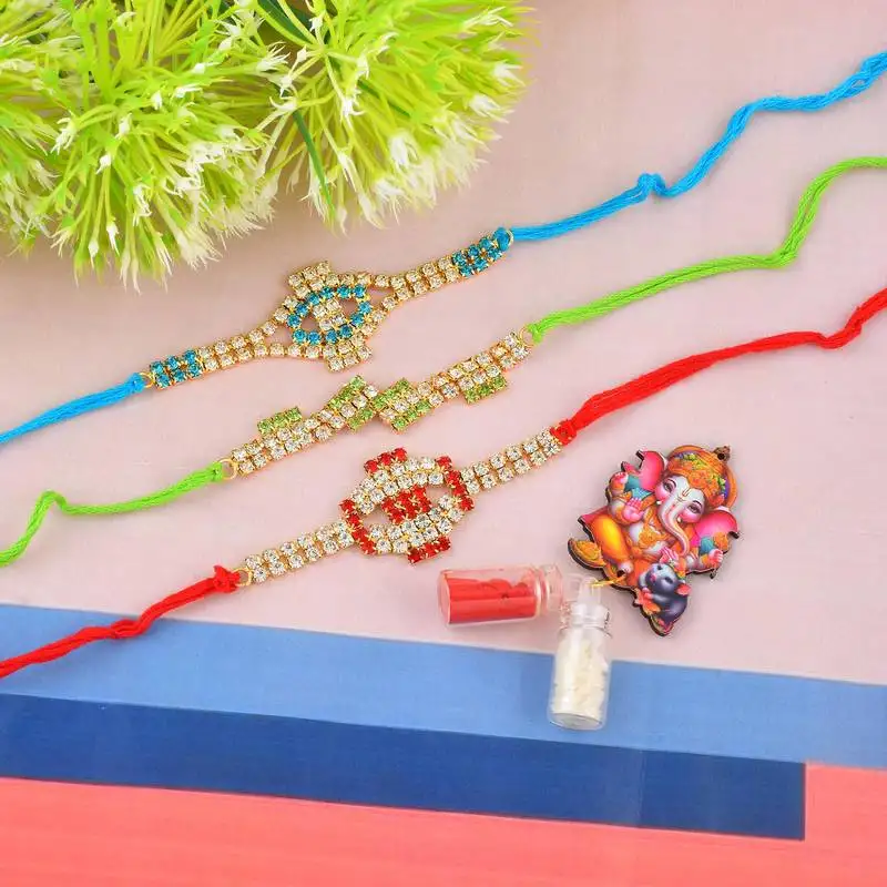 Rakhi for bhaiya bhabhi- colourful crystal studded-pack of 3