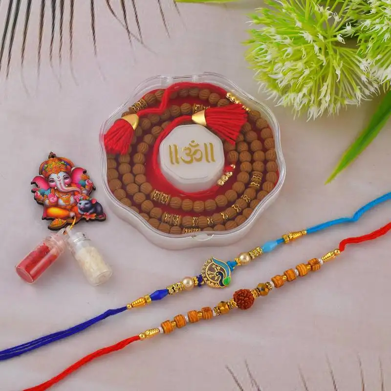 Rakhi for bhaiya bhabhi- one long tulsi bead wraparound with one pure silver charm and one rudraksh (pack of 3 )