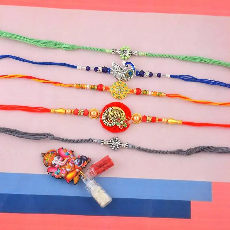 Rakhi for bhaiya bhabhi-traditional 5 rakhi combo for rakshabandhan