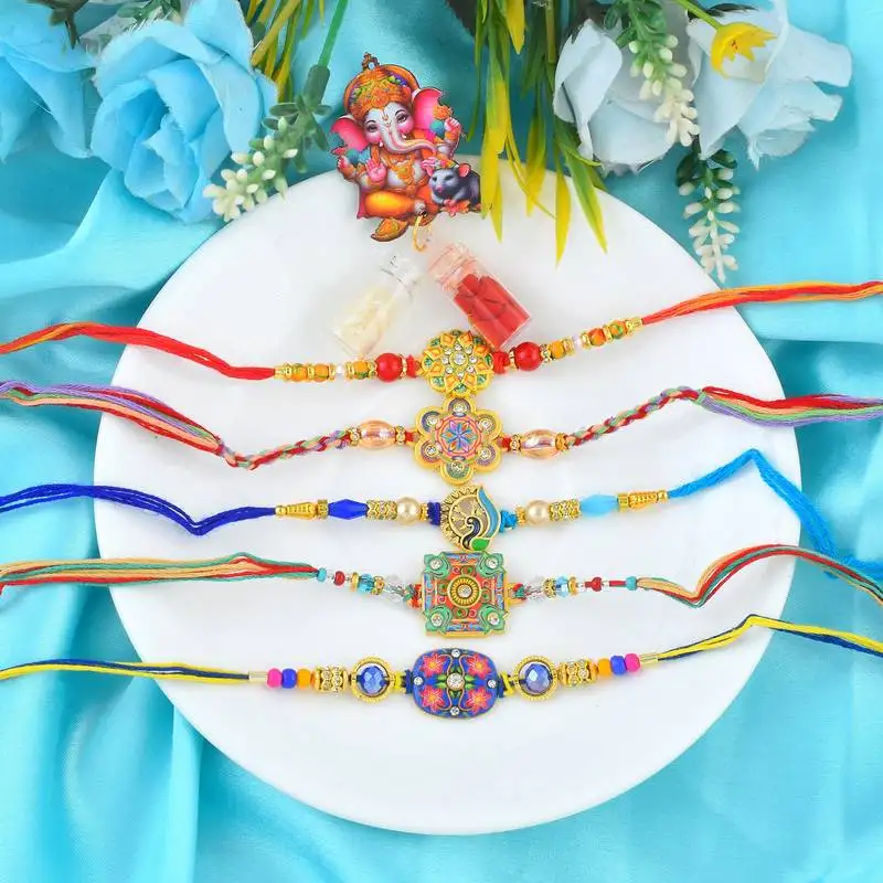 Rakhi for bhaiya bhabhi-traditional handmade 5 rakhi combo for rakshabandhan