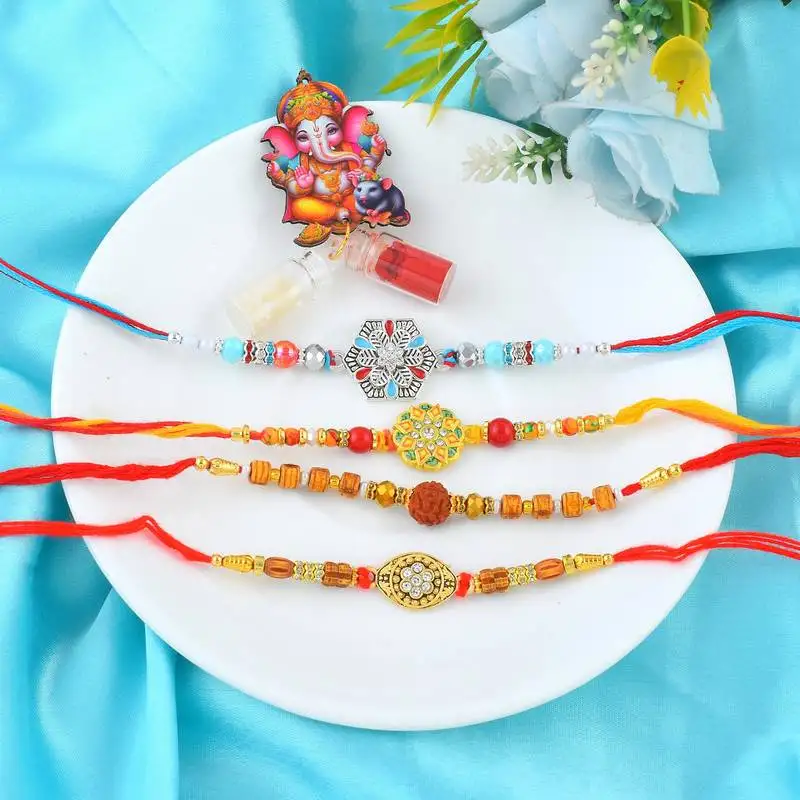 Rakhi for bhaiya bhabhi-traditional handmade 4 rakhi combo for rakshabandhan