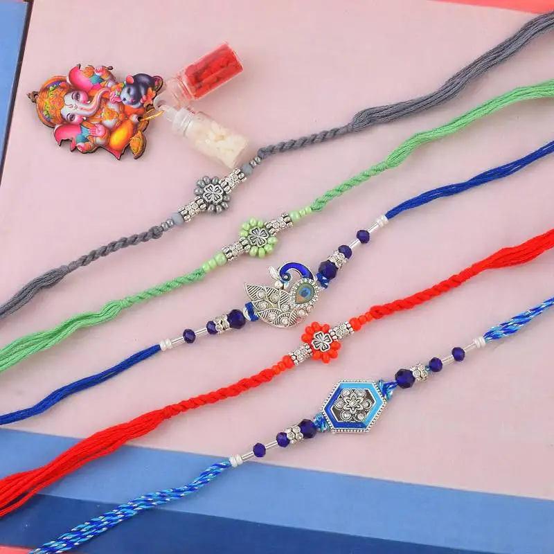 Pure silver rakhi combo for bhai bhabhi family for rakshabandhan (pack of 5)