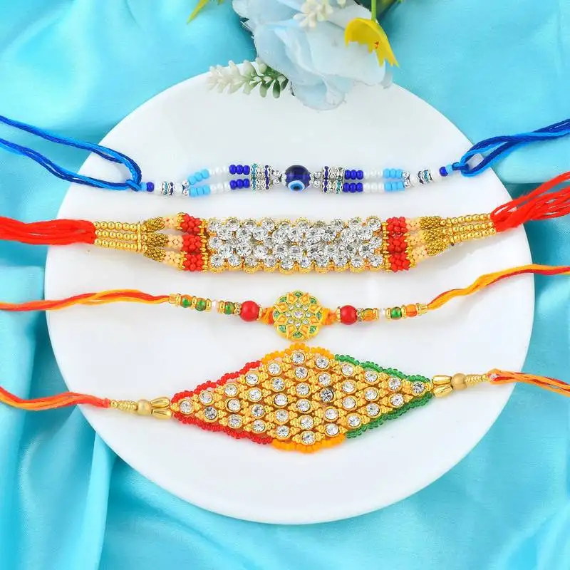 Imitation diamond handmade traditional rakhi for bhaiya bhabhi & children (pack of 4)