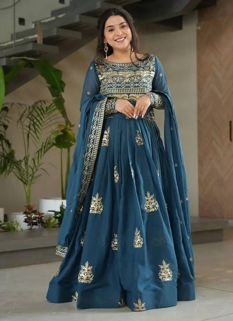 Teal chinon with sequins embroidered and beads work gown with dupatta