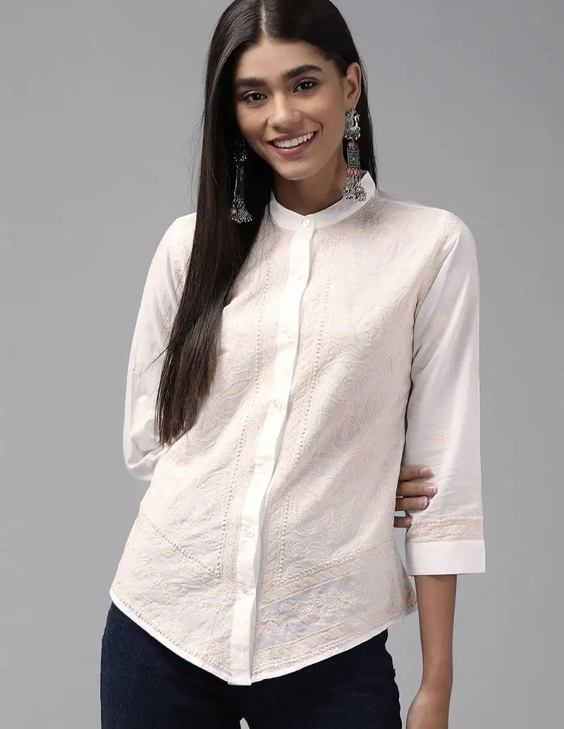 Hand embroidered white cotton lucknowi chikankari shirt