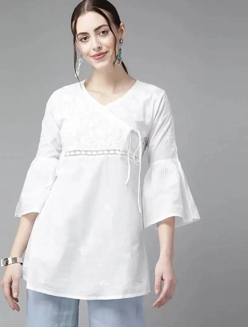 Hand embroidered white cotton angrakha lucknowi chikankari top