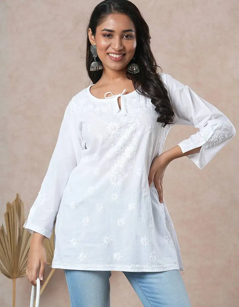Hand embroidered white cotton lucknowi chikankari straight kurti