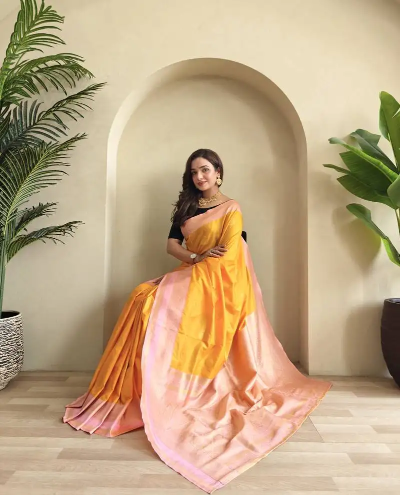 Orange soft art silk saree with coin weaving design