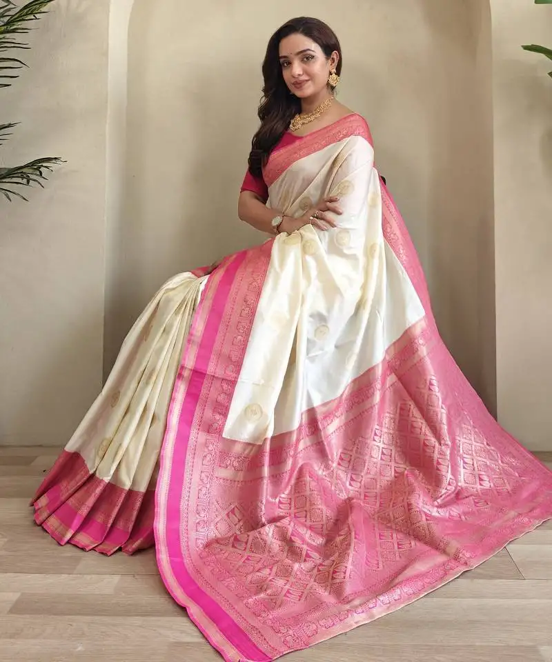 White soft art silk saree with coin weaving design