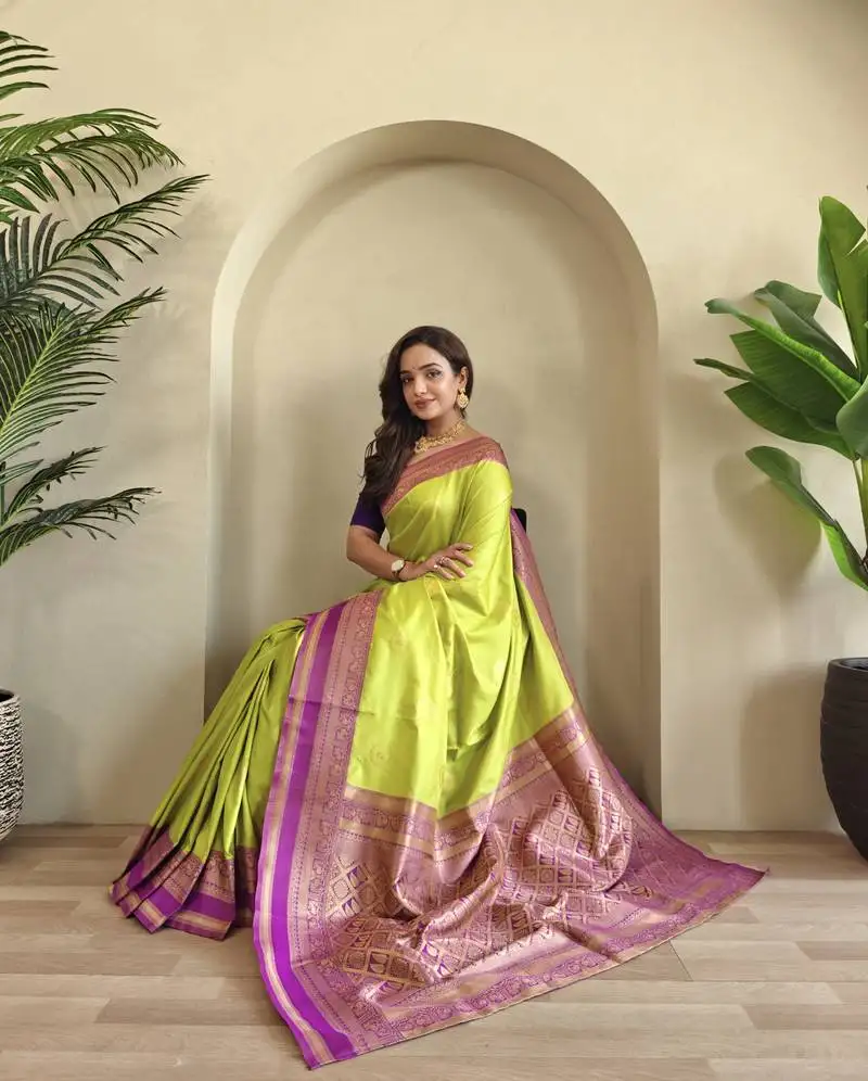 Lime soft art silk saree with coin weaving design