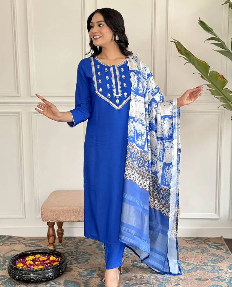 Blue viscose embroidered straight kurta with viscose pant and gajii silk printed dupatta sets stitched