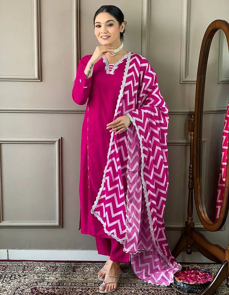 Pink embroidered viscose straight kurta pant dupatta set stitched
