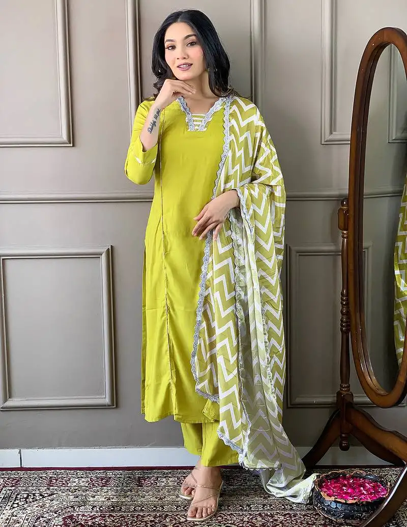 Green embroidered viscose straight kurta pant dupatta set stitched