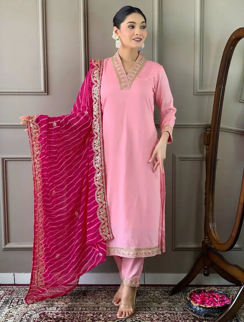 Pink women embroidered viscose silk blend kurta pant dupatta set stitched