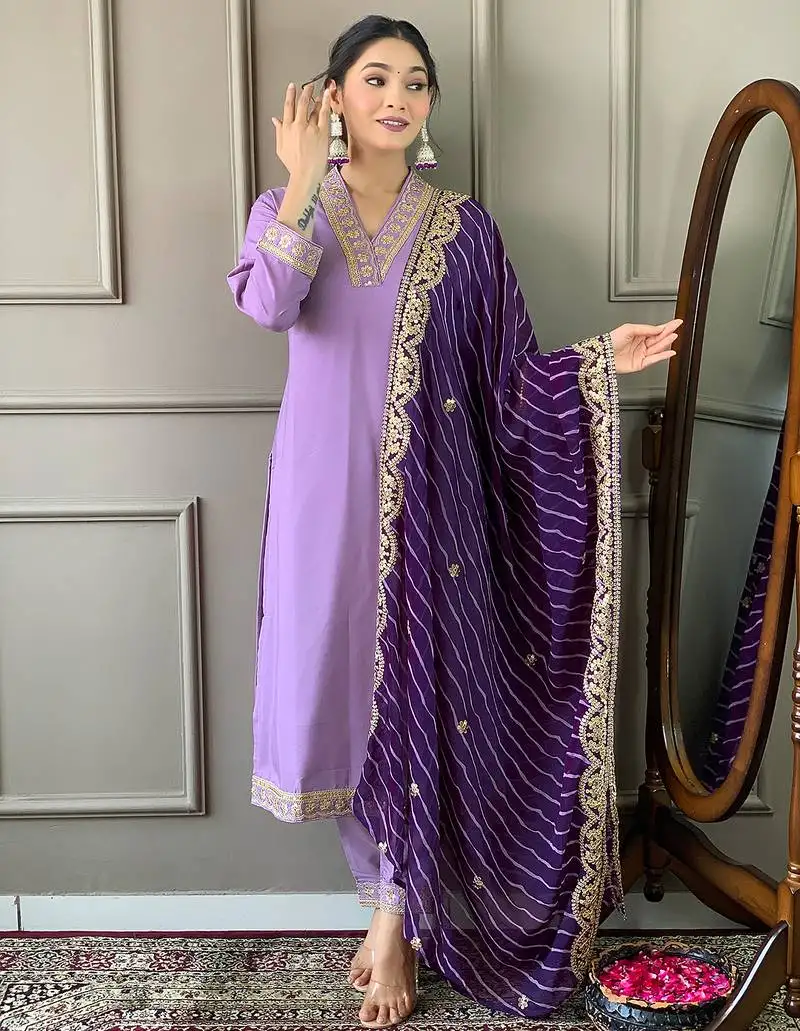 Purple women embroidered viscose silk blend kurta pant dupatta set stitched