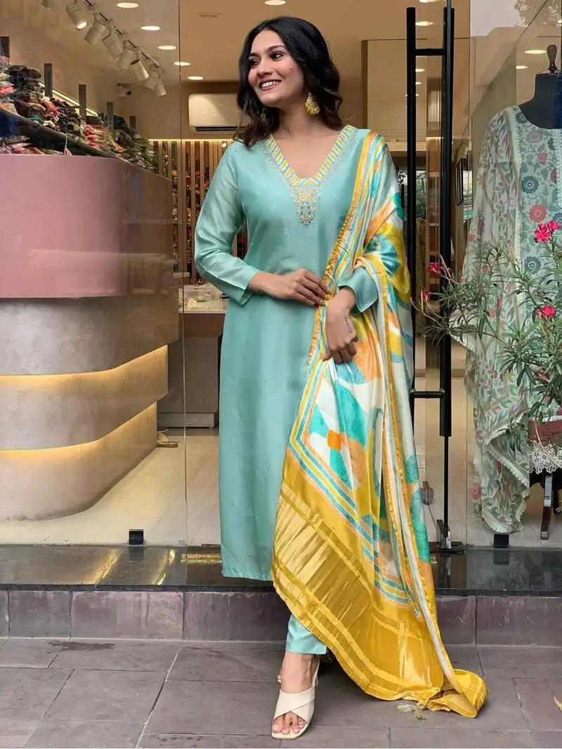 Firozi viscose embroidered straight kurta with viscose pant and gajii silk printed dupatta sets stitched