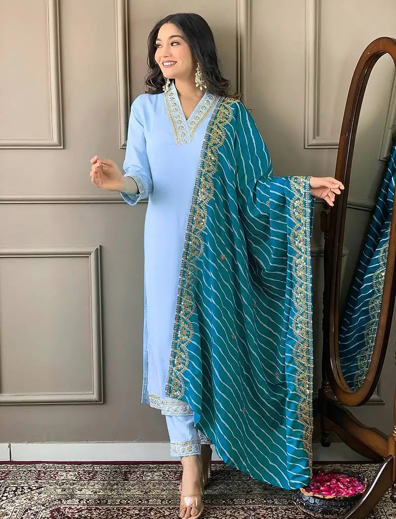 Sky women embroidered viscose silk blend kurta pant dupatta set stitched