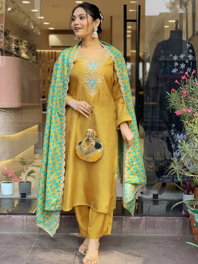 Yellow embroidered viscose kurta pant dupatta set stitched
