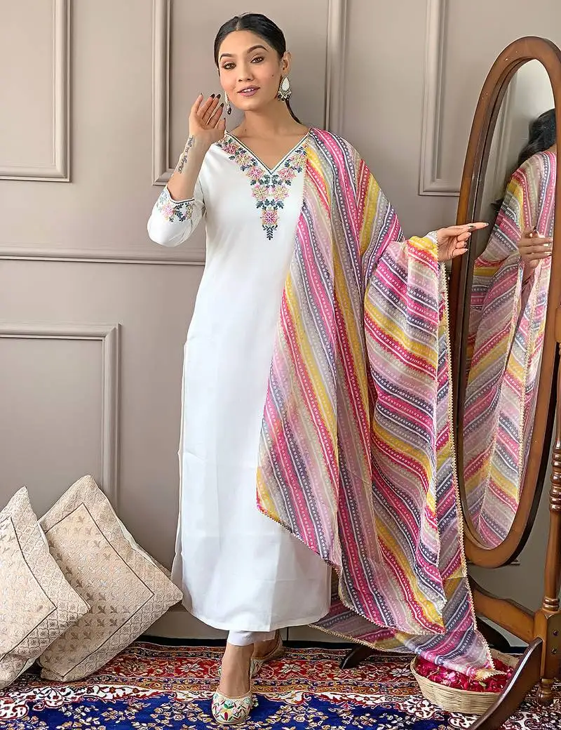 Off white viscose blend embroidered straight kurta with rayon pant and organza printed dupatta sets stitched