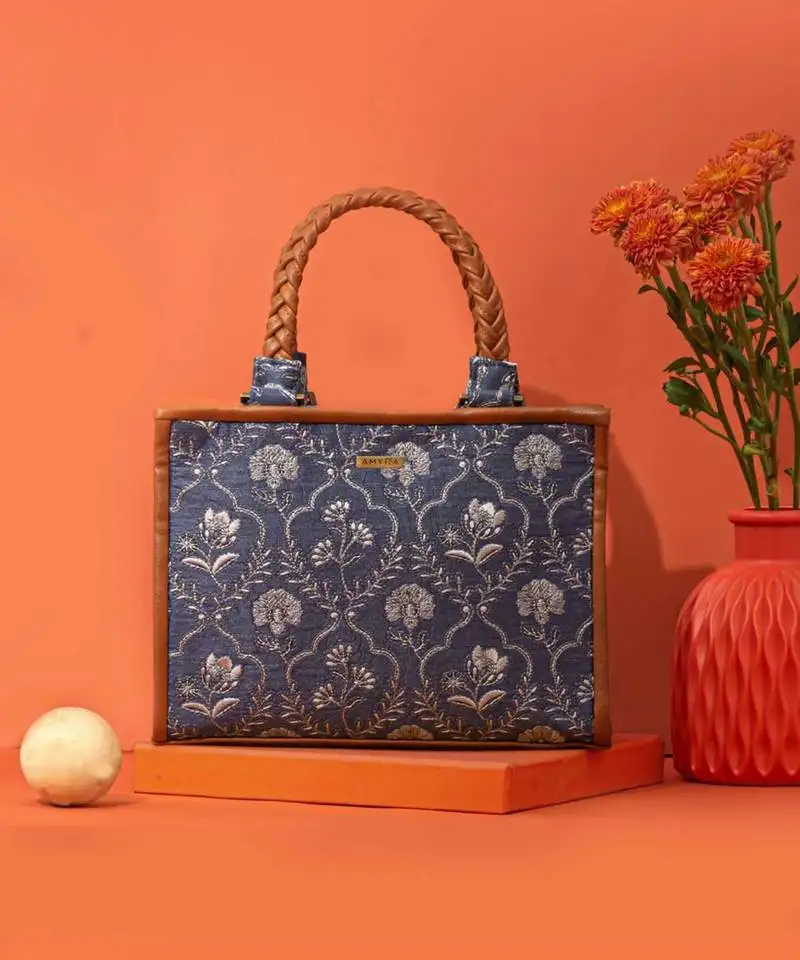 Blue silk embroidered handbag