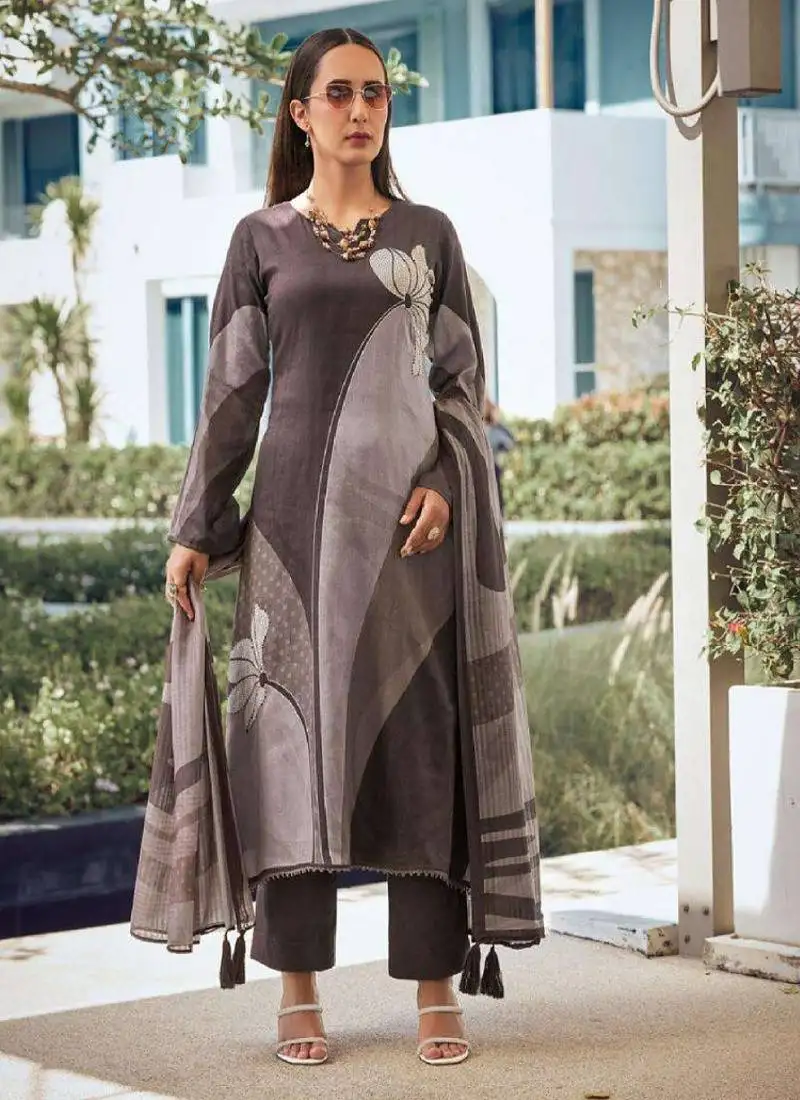 Brown printed viscose silk kurta set