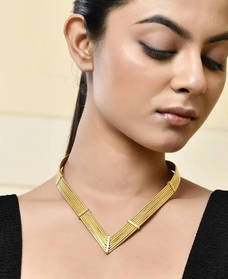 Brass gold-plated multi-strand v-shaped necklace