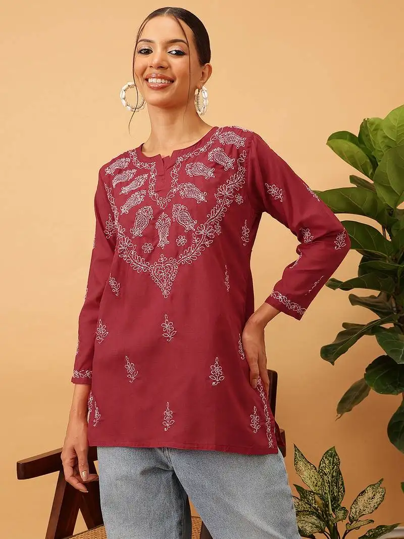 Hand embroidered maroon cotton lucknowi chikankari short kurti