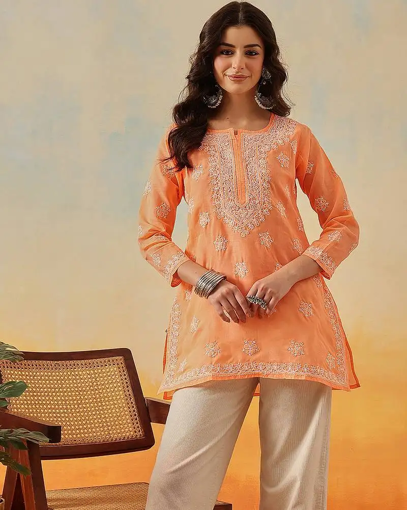 Hand embroidered orange cotton lucknowi chikankari short kurti