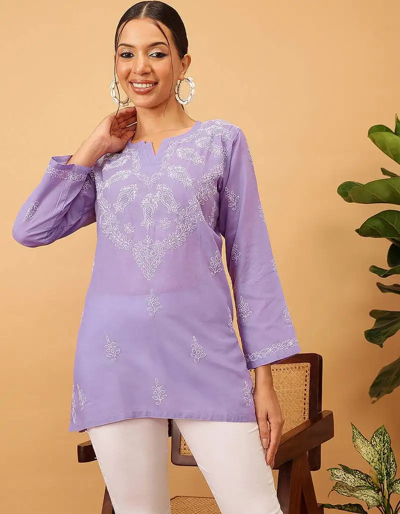 Hand embroidered mauve cotton lucknowi chikankari short kurti