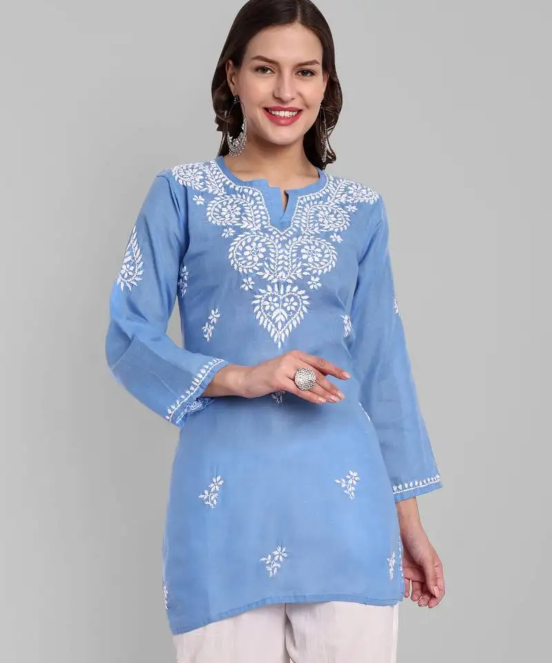 Hand embroidered pantone blue cotton lucknowi chikankari straight kurti