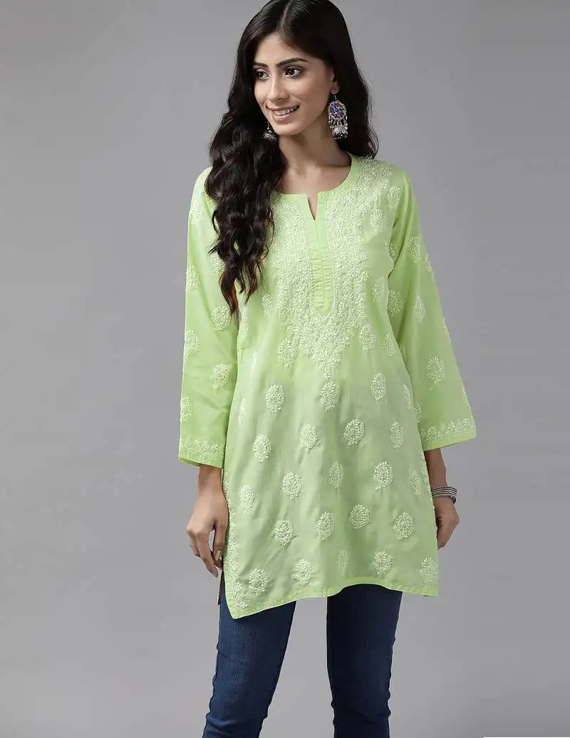 Hand embroidered tea green cotton lucknowi chikankari short kurti