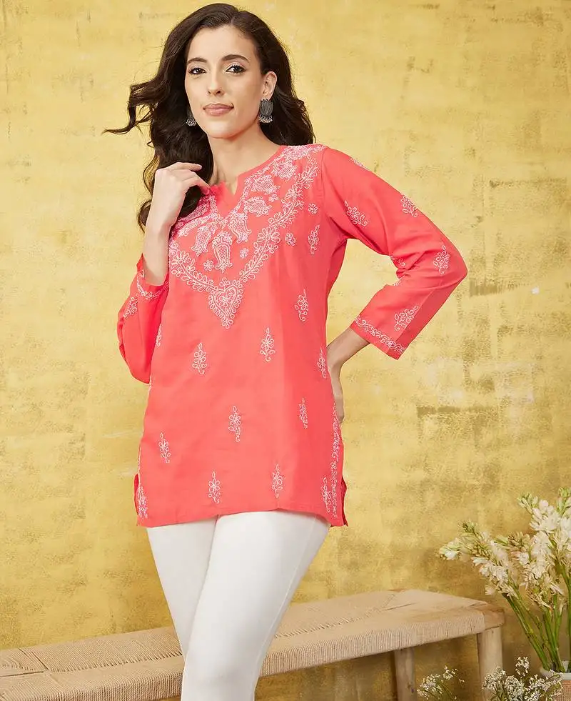 Hand embroidered carrot pink cotton lucknow chikan kurti