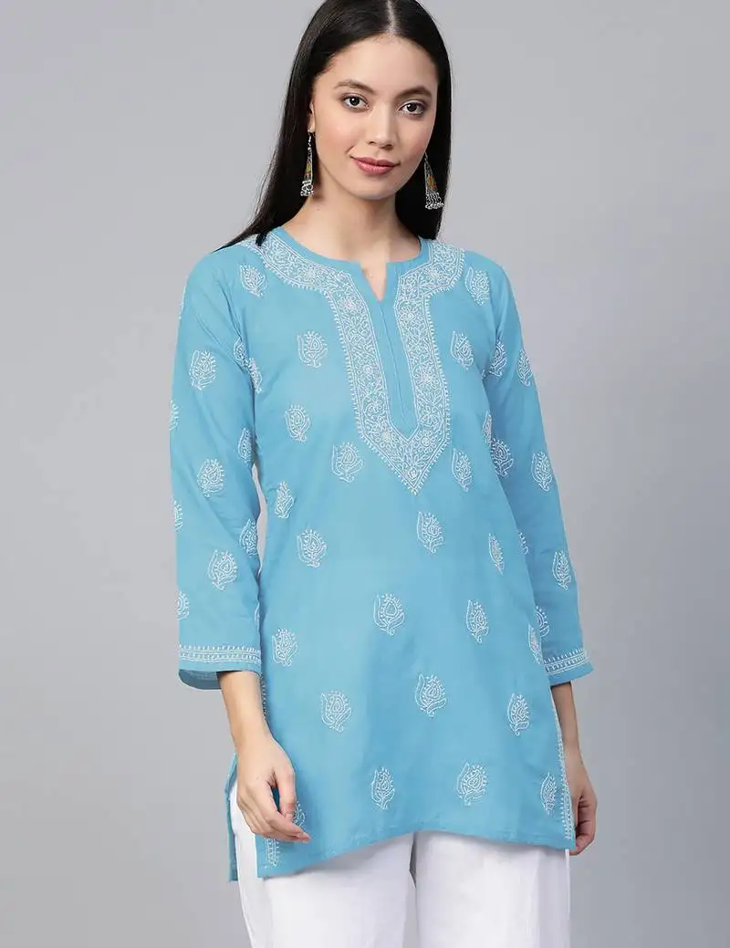 Hand embroidered sky blue cotton lucknowi chikankari short kurti