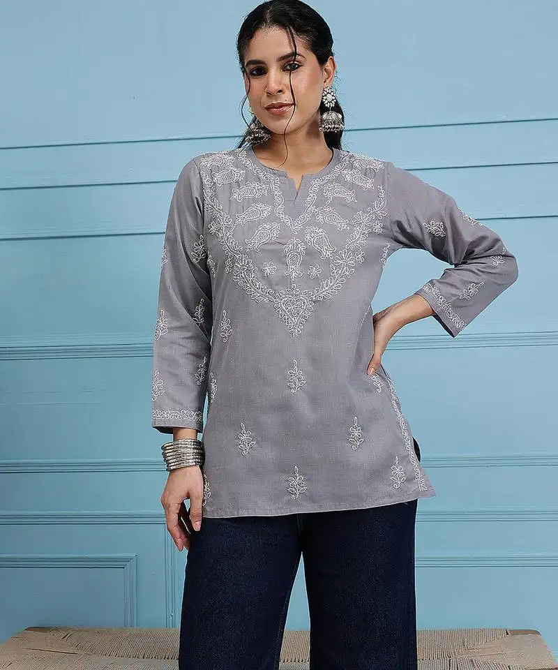 Hand embroidered grey cotton lucknowi chikankari short kurti