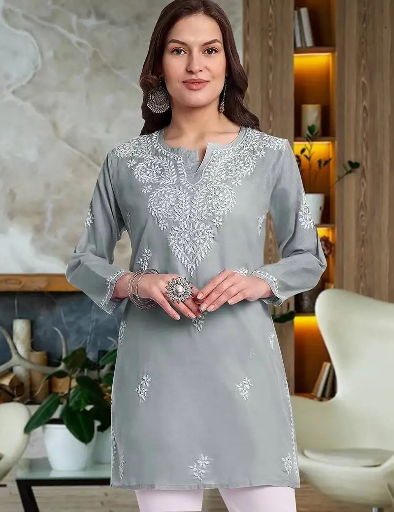 Hand embroidered grey cotton lucknowi chikankari kurti