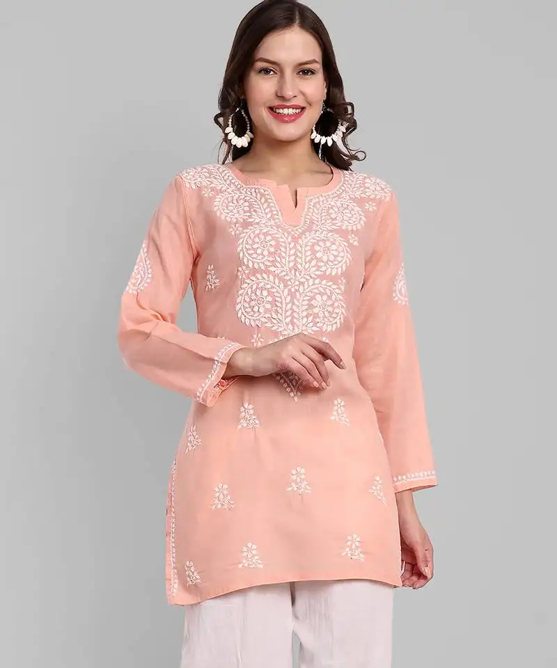 Hand embroidered peach cotton lucknowi chikankari kurti