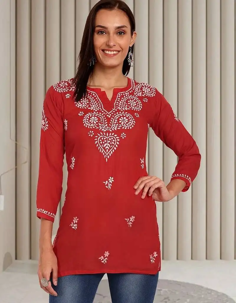 Hand embroidered red cotton lucknowi chikankari kurti