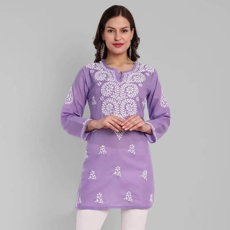 Hand embroidered purple cotton lucknowi chikankari kurti